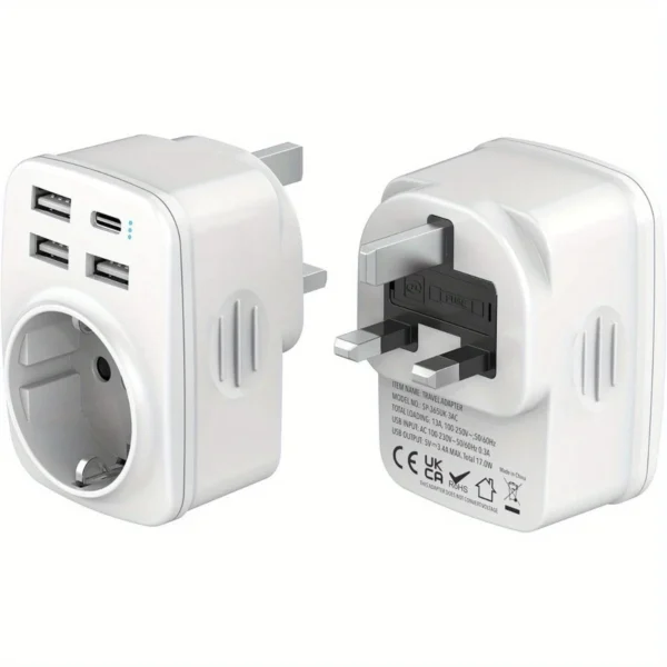 5 in 1 UK Power Adapter with 3 USB A Ports